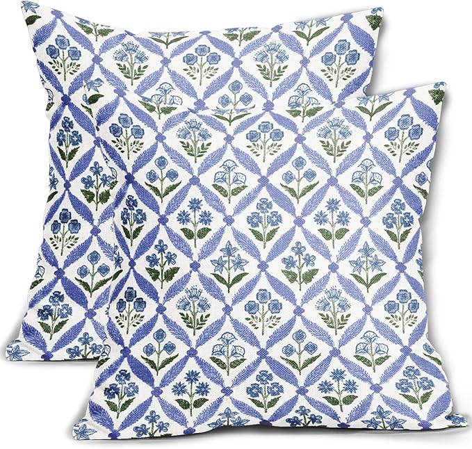 Smozenith Blue Green Floral Block Print Pillow Covers 18X18 Set of 2, Flower Pattern Spring Summer Print Decorative Throw ...