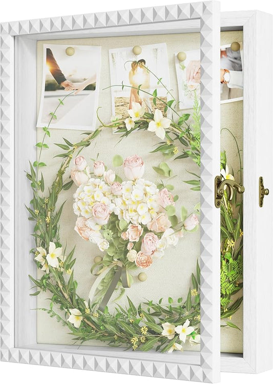 SZQINJI Shadow Box Frame 11x14 Deep Large Shadow Box Display Cases Wood Memory Box with Diamond Shape Door Vintage Lock fo...