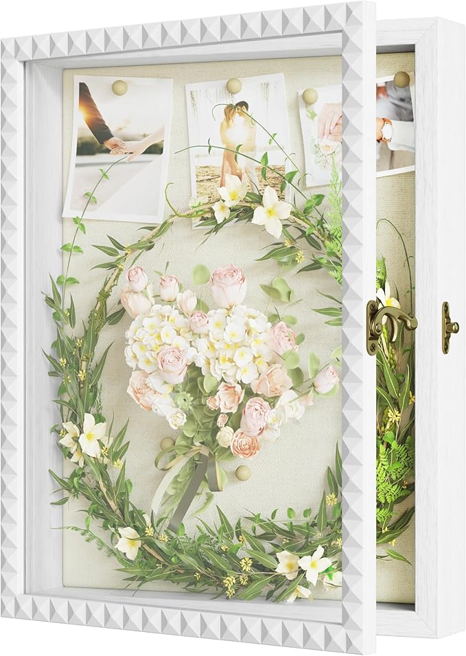 SZQINJI Shadow Box Frame 11x14 Deep Large Shadow Box Display Cases Wood Memory Box with Diamond Shape Door Vintage Lock fo...