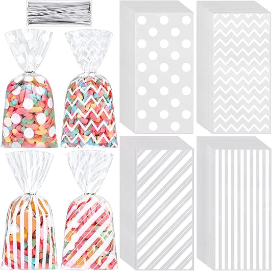 Aodaer 100 Pieces 10.6 x 5.1 In White Cellophane Bags Plastic Candy Gift Bag Cellophane Treat Bags with Twist Ties Stripes...