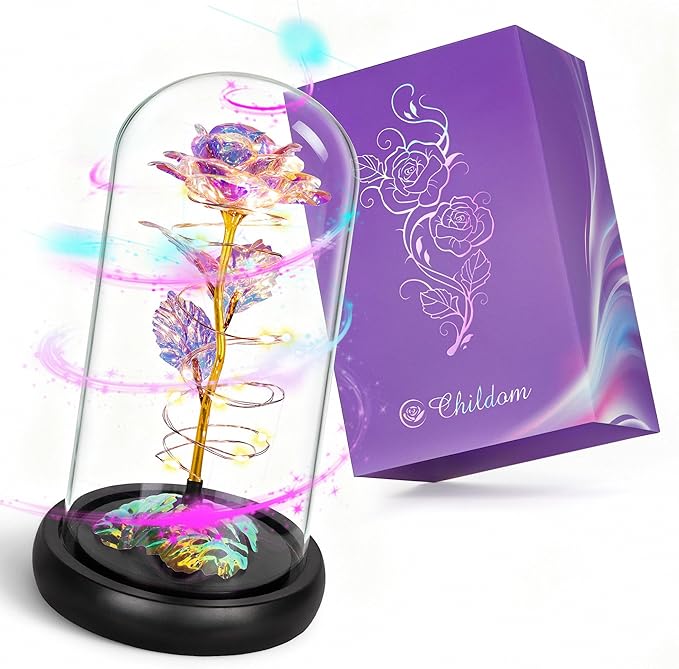 Childom Mothers Day Flowers Gifts for Mom,Birthday Gifts for Women,Rotating Light Up Rose in A Glass Dome,Mothers Day Flow...