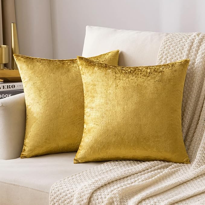 MIULEE Velvet Throw Pillow Covers 18x18 Inch, Pack of 2 - Golden, Super Soft Decorative Square Cushion Cases Modern Luxury...