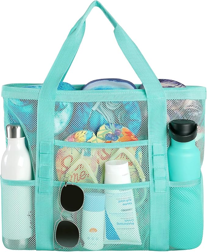 Ymomode Beach Bag - Mesh Beach Bag Large 8 Pockets, Beach Tote Bag Beach Essentials for Vacation Must Haves