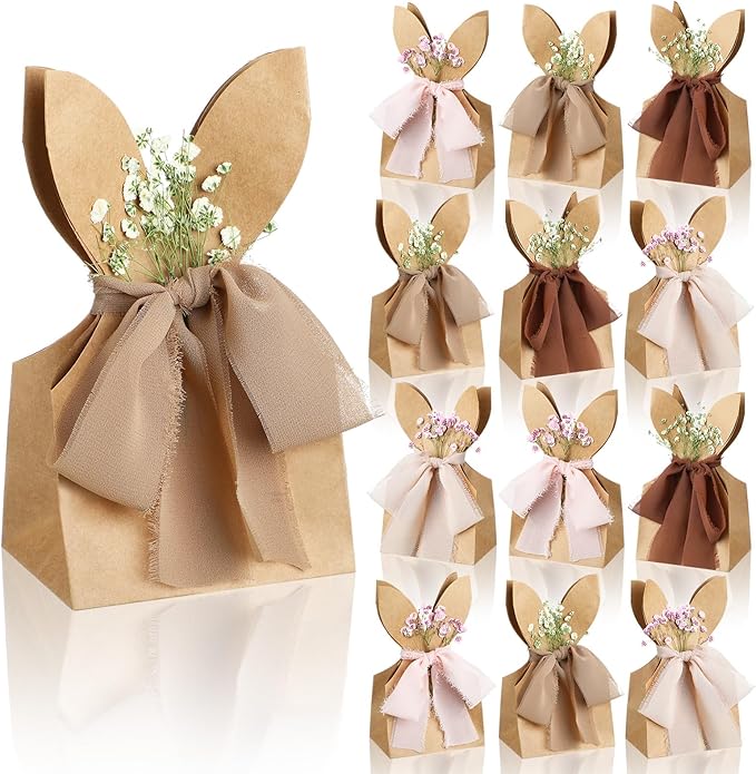 Affrolling 24 Set Boho Bow Easter Bunny Party Favor Bags DIY Bunny Gift Boxes with Neutral Bow Ribbon and Dried Flowers Ru...
