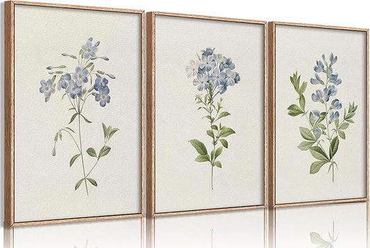 KVBJZYZ Vintage Blue Botanical Floral Wall Art Prints Set of 3 Rustic Farmhouse Flower Canvas Wall Decor，Minimalist Botani...
