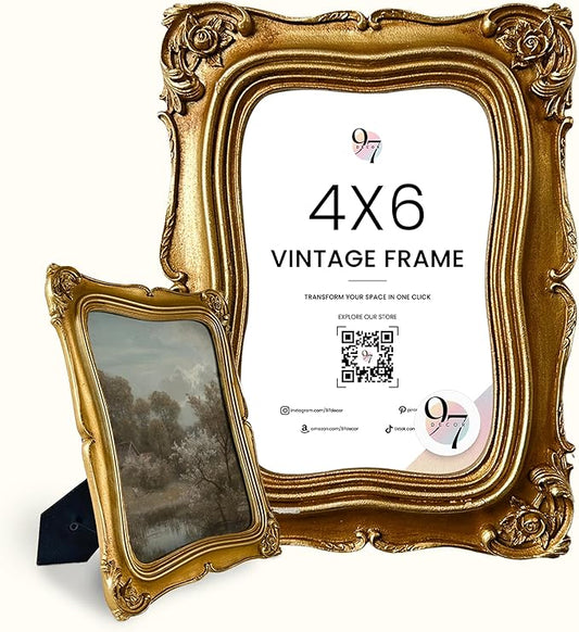 97 Decor Vintage Picture Frame 4x6- Gold 4x6 Picture Frame, Elegant Antique Frames 4 x 6 With Glass Front, Fancy Ornate Fr...