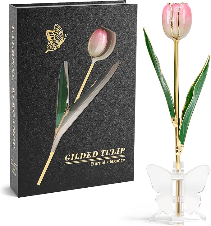Mikasol Gold Dipped Real Tulip – Dreamy Gradient Pink, Romantic Forever Flower Gift with Book-Style Box & Butterfly Stand,...