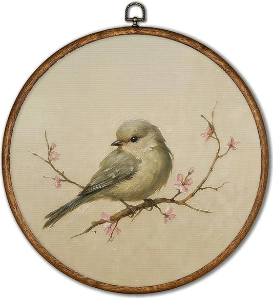 Vintage Framed Wall Art, Spring Birds Round Canvas Prints Home Decor, Watercolor Cherry Blossom Painting Hanging Wall Deco...