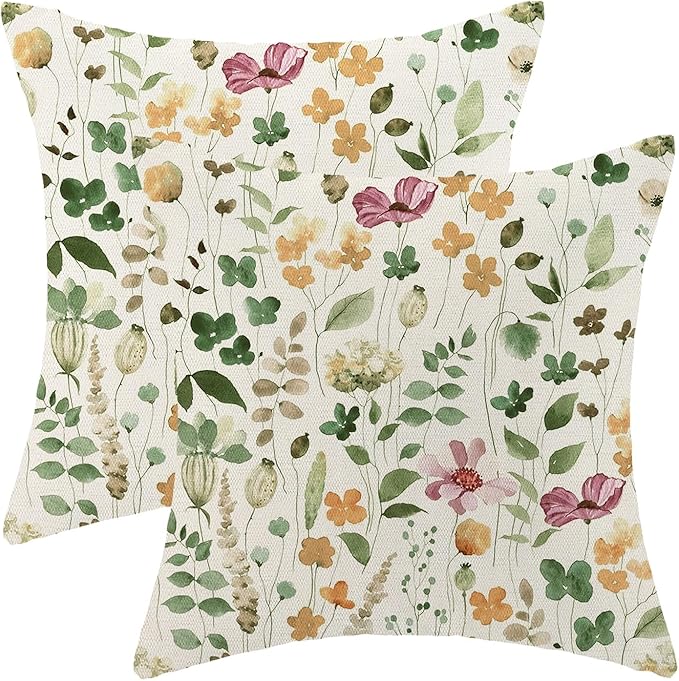 Yxuiyal Spring Pillow Covers 18x18 Set of 2 Green Pink Floral Leaves Throw Pillow Covers Decoration Summer Flower Plants F...