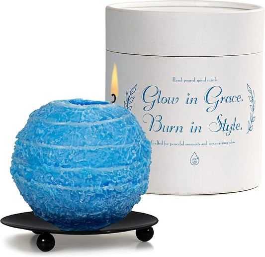 Spiral Candle Burn Around, Unscented Unique Shaped Decorative Candle on Metal Base, 4.5" Blue Beeswax Soy Wax Candle, 4h B...
