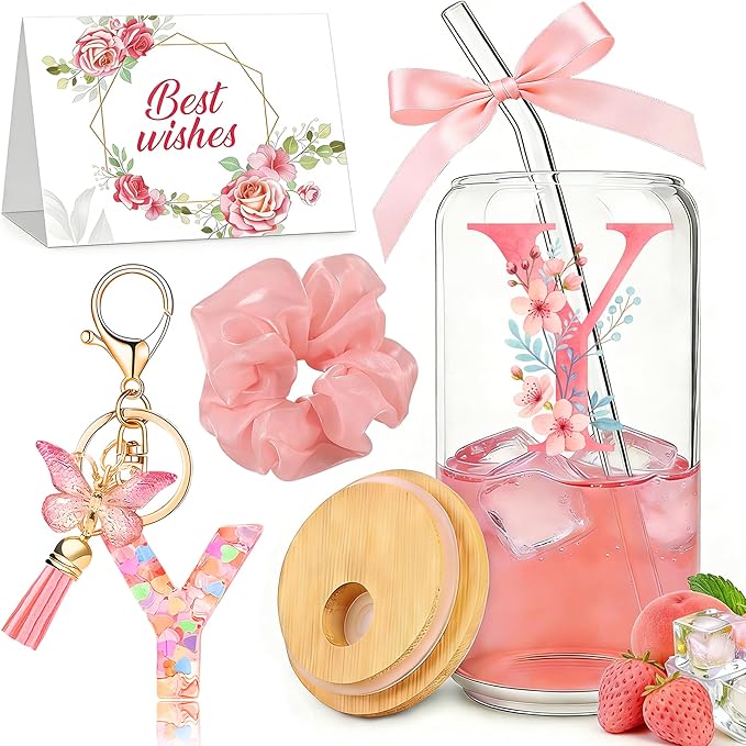 YSDZDM Personalized Initial Gifts Set For Women Customized Monogrammed Glass Cups with Bamboo Lids and Straws Cute Floral ...