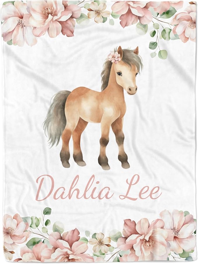 Lovable Gift Co Pony Floral Personalized Baby Girl Blanket (30 x 40 Baby)