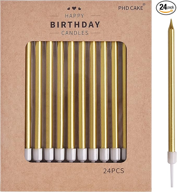 PHD CAKE Gold Long Thin Metallic Birthday Candles, Cake Candles, Birthday Parties, Wedding Decorations, Party Candles, Cak...