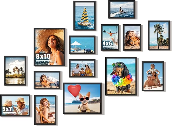 DUENPY 15 Pack Picture Frames Collage Wall Decor, Black Frame Set with 3pcs 8x10, 6pcs 5x7, 6pcs 4x6 for Gallery Display, ...