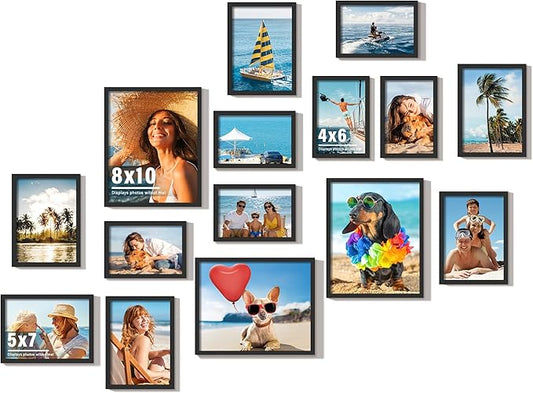 DUENPY 15 Pack Picture Frames Collage Wall Decor, Black Frame Set with 3pcs 8x10, 6pcs 5x7, 6pcs 4x6 for Gallery Display, ...