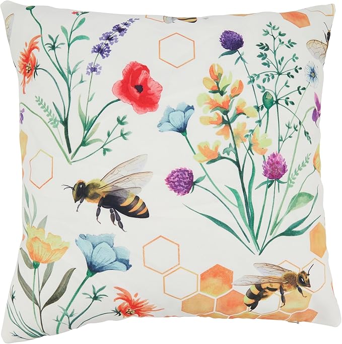 SARO LIFESTYLE Bright Bumble Bee Floral Outdoor Pillow with Poly Fill