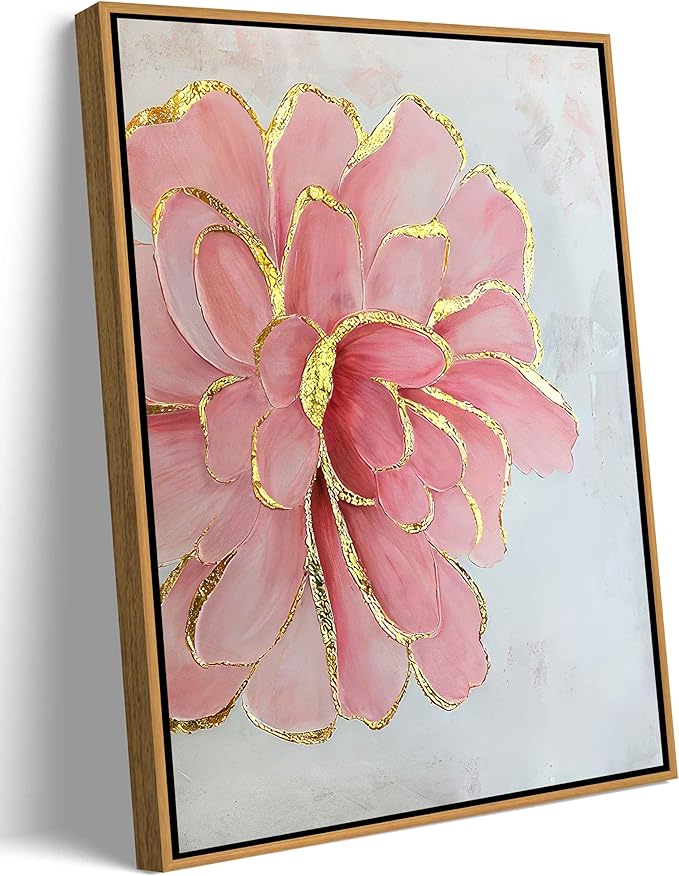 Framed Pink Peony Flower Canvas Wall Art Modern Pink and Gold Floral painting Decor Pictures Abstract flowering Posters Pr...