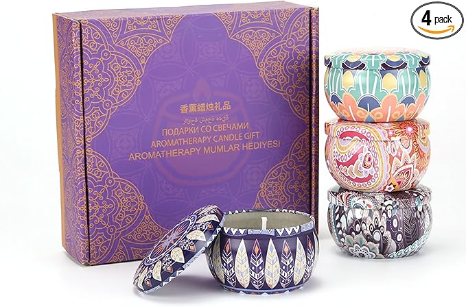 Scented Candles Gift Set for Women, 4 Pack Soy Wax Aromatherapy Candles, Lavender Lemon Vanilla White Peach Mini Tin Candl...