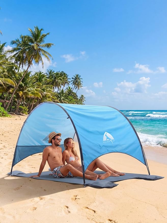 Kilindeer Beach Umbrella with UPF 50+ UV Protection, Portable Beach Tent Canopy with 360° Ventilation, 4 Sandbags, Wind Ro...