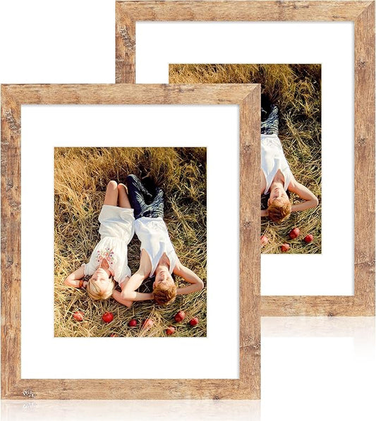 iRahmen 11x14 Picture Frame Set of 2 with Tempered Glass, Rustic Brown Frame Display 8x10 Pictures with Mat or 11 x 14 Wit...