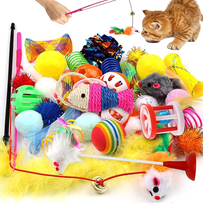 QUOZUO Cat Toys Kitten Toys Assortments, 32 Packs Interactive Cat Toy Variety Pack for Kitty, Cat Wand Toy, Cat Crinkle Ba...