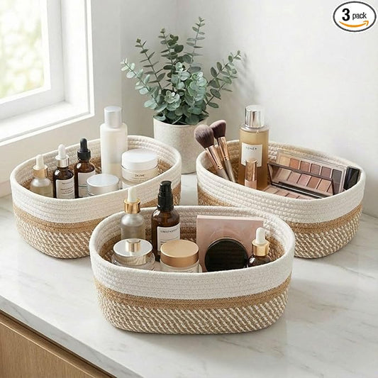 Beautiful Storage Basket Set of 3 - Sturdy Cotton Rope Baskets for Shelves Are Perfect for Organizing Your Home - Quality ...