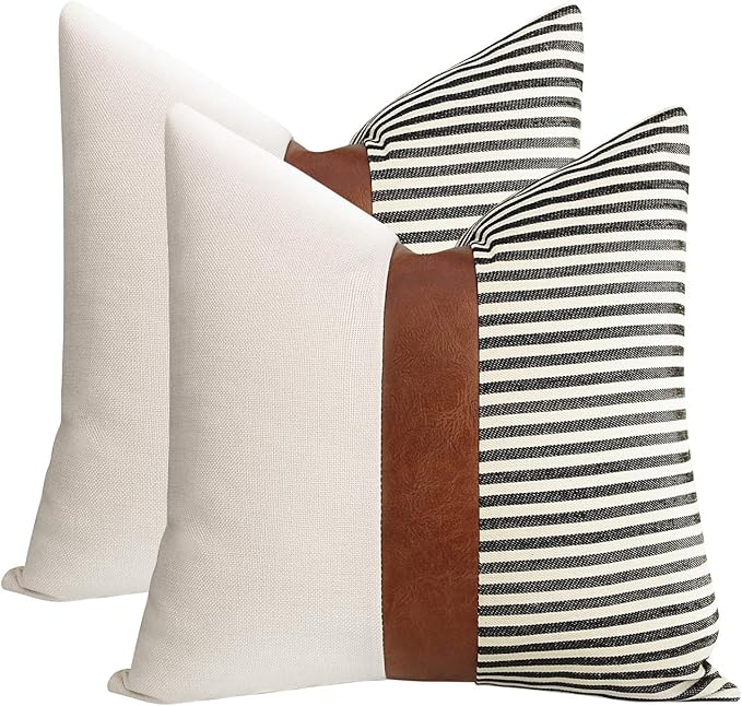 Set of 2 Farmhouse Decor Striped Patchwork Linen Throw Pillow Covers,Modern Brown Faux Leather Accent Pillow Covers 18x18 ...