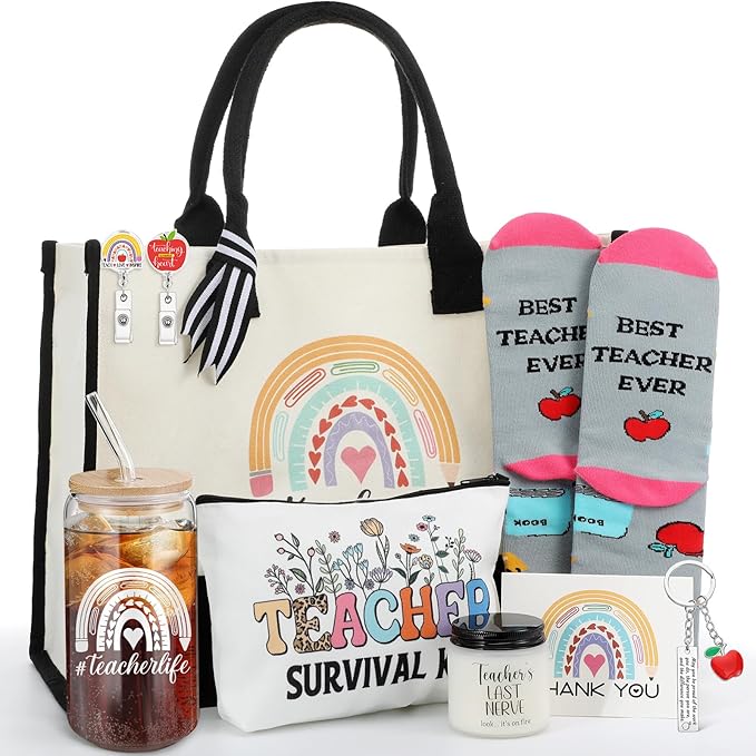 Skylety 9 Pcs Teacher Gift Set for Women Trapezoid Grocery Canvas Tote Bags with Handle Glass Jar Tumbler Scented Candle B...