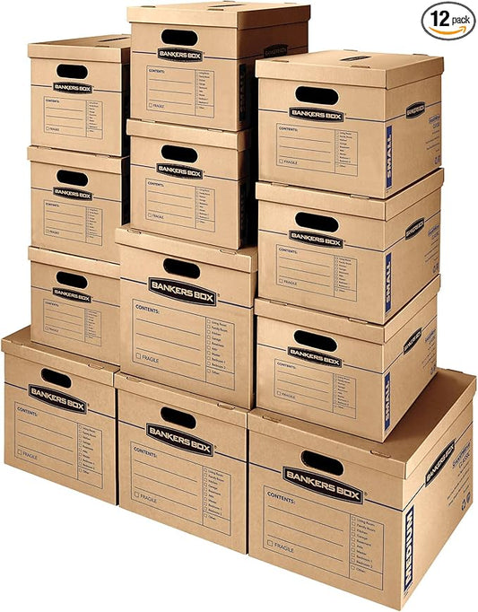 Bankers Box Classic Moving Box 12 Pack Kit, Reinforced Handles, Tape-Free Assembly, Box with Lid, 8 Small and 4 Medium Box...