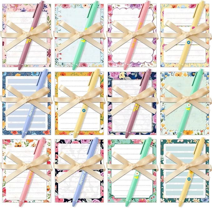 Marspark 108 Pcs Spring Gifts Bulk Flower Sticky Notes with Pens and Ribbons Floral Notepads Self-Adhesive Memo Pads Ballp...
