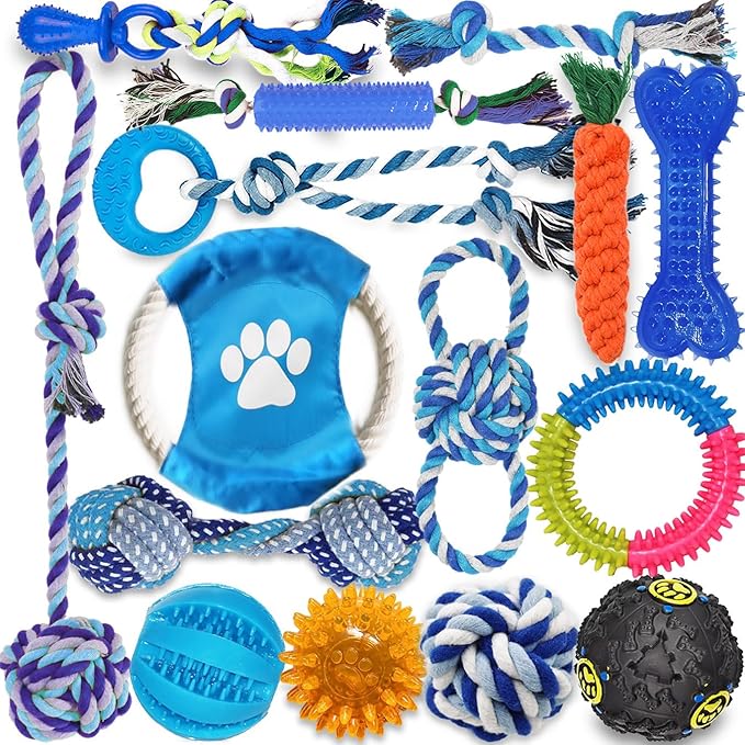 Mnubsrva Dog Toys 15 Pack for Teeth Cleaning and Fun, Puppy Teething Chew Toys Interactive Rope Squeaky Treat Balls & Rubb...