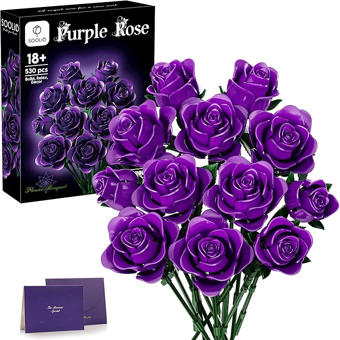 SOOLIO Mothers Day Rose Flower Bouquet Building Set for Adults, Gift for Mom Wife Women Couple Girlfriend, Buildable Purpl...
