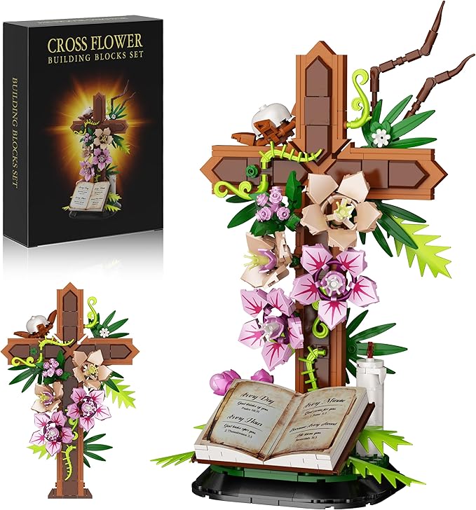 Cross Flower Building Set, Religious Cross Collectibles Compatible with Lego Jesus Catholic Building Toys, Easter, Christi...