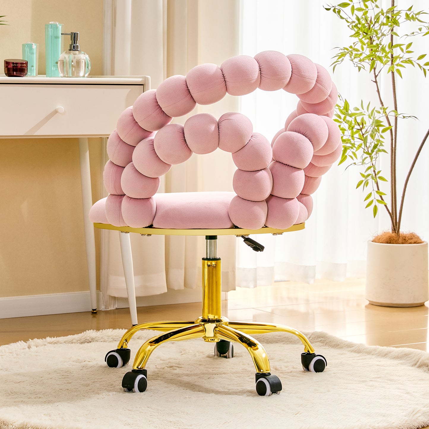 Velvet Bubble Vanity Chair With Gold Base, 360 Swivel Height Adjustable Ergonomic Accent Chair, Cute Rolling Desk Chair For Bedroom, Makeup Vanity, Home Office