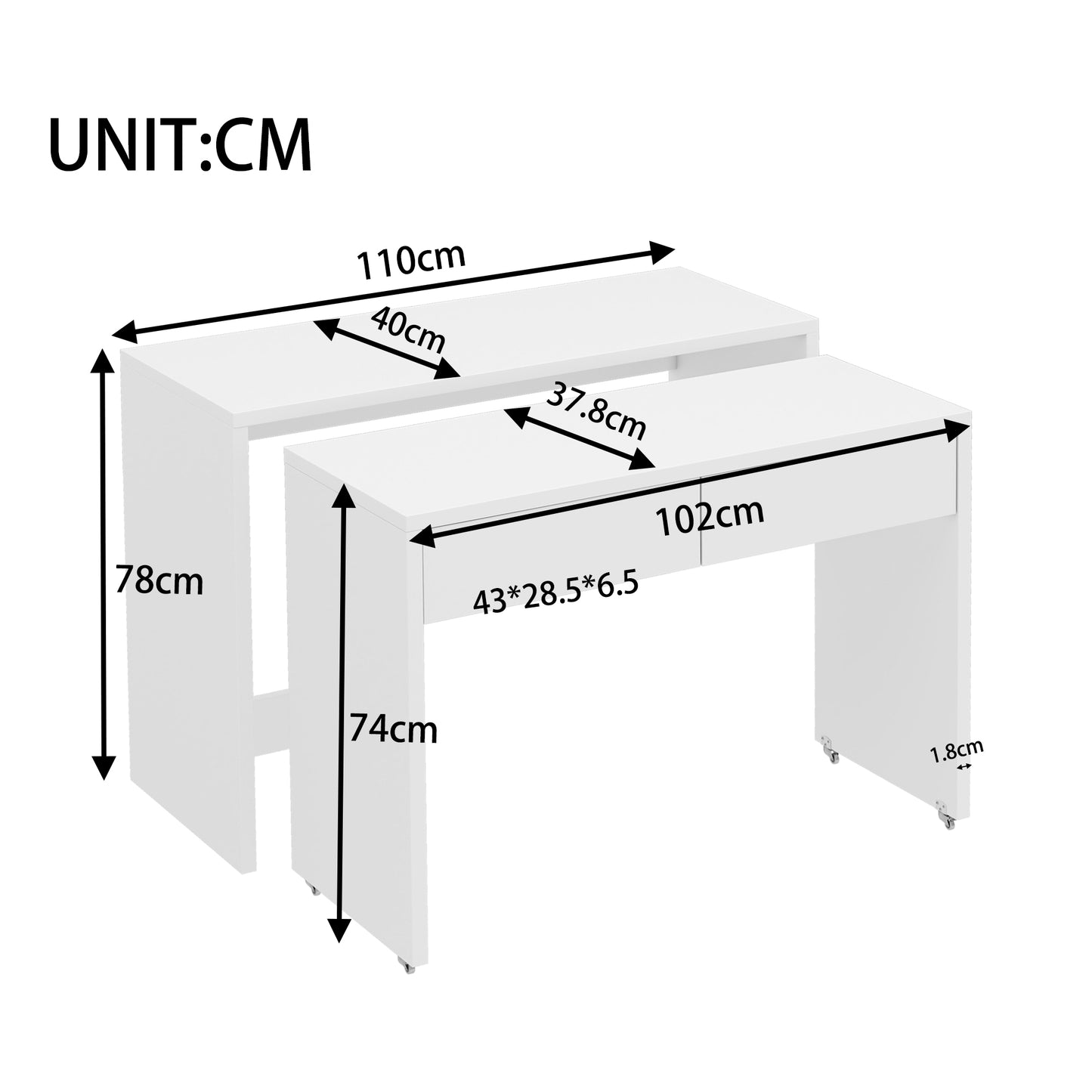 Shelf Desk  Chest Of Drawers 2-in-1 Compact Desk, Extendable, The Entire Table Is Made Of 1.8 Cm Thick Wood, Equipped With Castors, Can Be Flexibly Combined, Foldable Desk