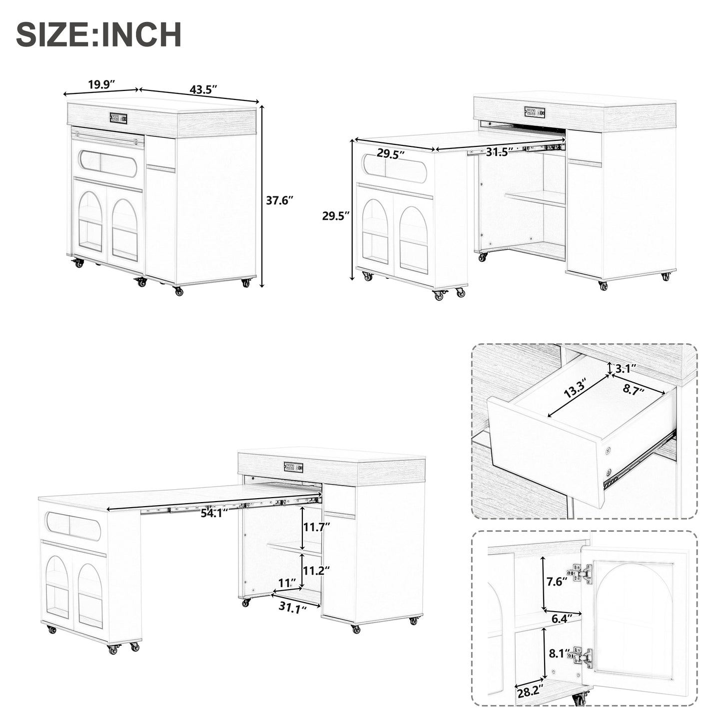 TREXM Extendable Dining Table With Extra-Long Folding Top  Rolling Kitchen Island With Drawers  Power Outlet And Brake Lock  Storage Cabinet For Kitchen And Dining Room  Natural   Creamy White