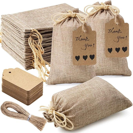 Homum 25Pcs Premium Burlap Gift Bags with Drawstring and 25Pcs Gift Tags & String, 4x6 Inch Reusable Gift Burlap Linen Sac...