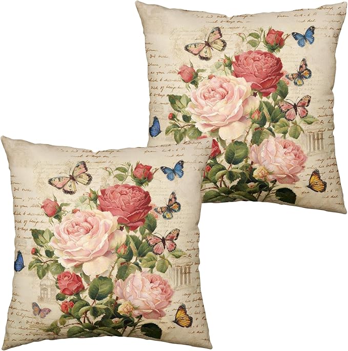 Kwlegh Vintage Rose Flower Pillow Covers Spring Summer Butterfly Floral Throw Pillow Covers 18x18 Set of 2 Rustic Rose Far...