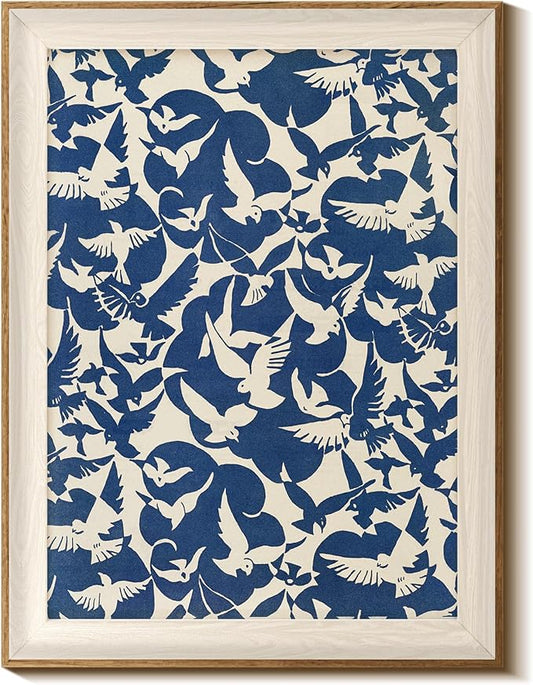 InSimSea Framed Canvas Wall Art Vintage Decor Minimalist Flying Birds Wall Decorations for Living Room Blue and White Art ...