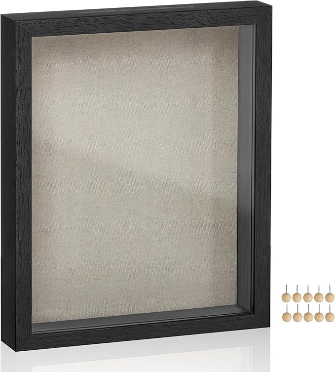 SONGMICS 8x10 Shadow Box Frame, Top Loading Display Case Frame , Glass Front with Top Slot and Push Pins, Linen Fabric Bac...