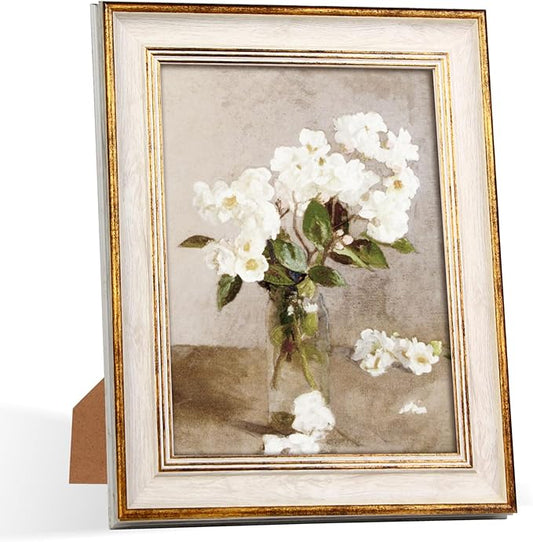 RIVERVALLA 8x10 Picture Frames Vintage White Gold Line Picture Frame Antique Retro Photo Frame Wall Hang Desktop Decor Dis...