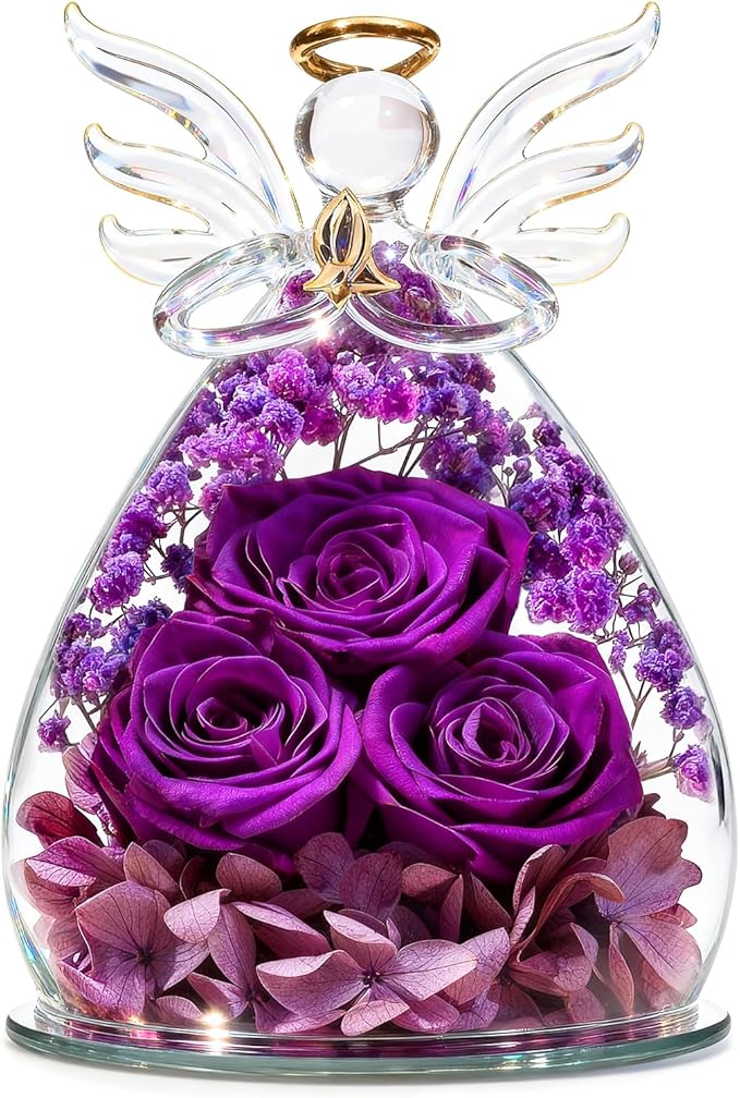 Beferr Mothers Day Mom Birthday Gifts for Women, Fresh Flowers for Delivery Forever Preserved Rose in Glass Angel Figurin...