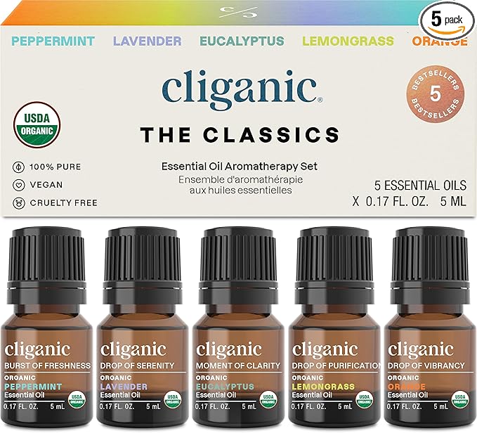 Cliganic Organic Essential Oils Set (Top 5 - The Classics) - 100% Pure Natural - Aromatherapy, Candle Making - Peppermint,...