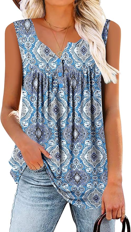 BETTE BOUTIK Womens Sleeveless Tunics Henley Shirts V-Neck Button Down Blouse Tank Tops Casual Pleated Basic S-3XL