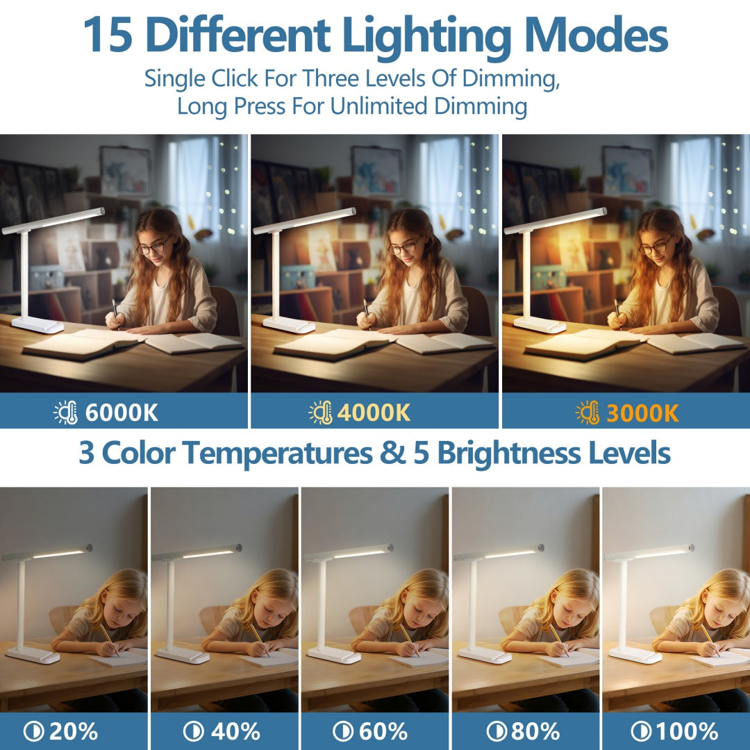 LED Desk Lamp 360 Adjustable, USB Charging Port, 5 Light Modes & Dimmable Brightness, Bedside Lamp For Reading, Craft, Work, Study White