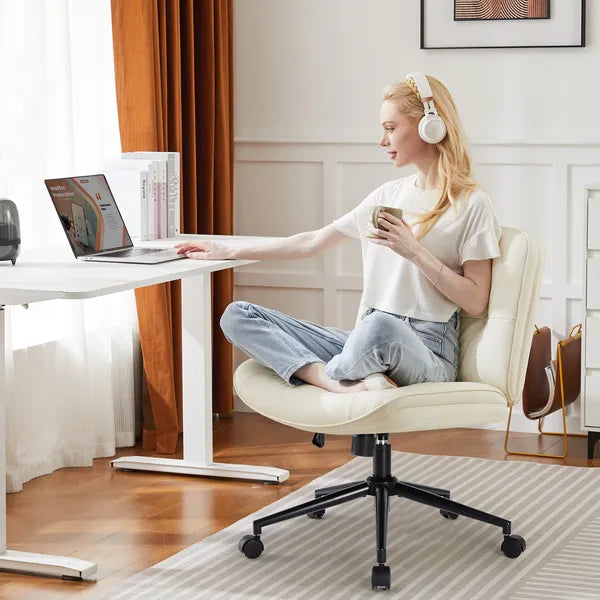 Criss Cross Legged Chair, Armless Office Desk Wide Seat Wheels, Swivel Height Adjustable Comfy Computer Task Seating Modern Home Room