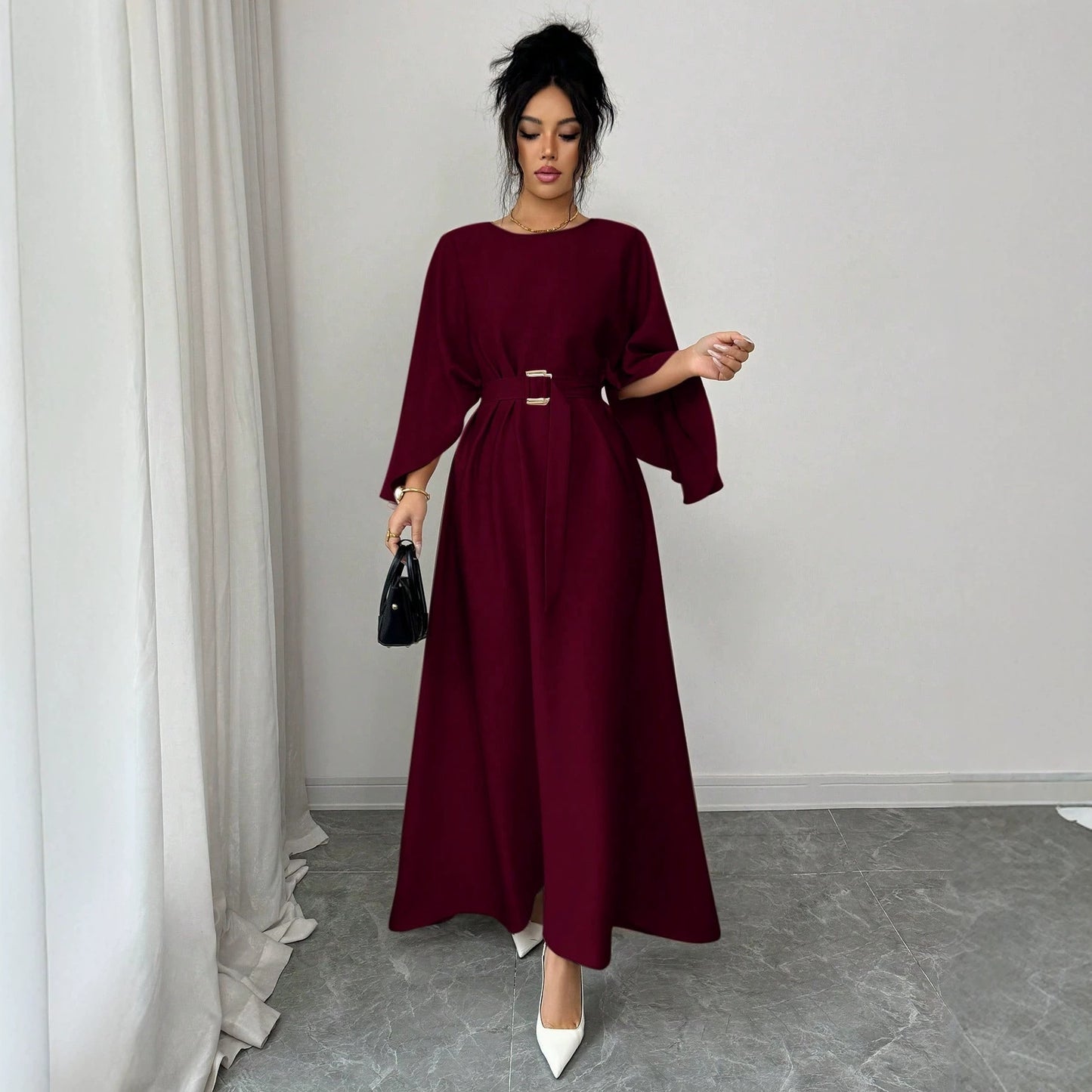 Womens Fashion Round-Neck Defined-Waistline Lace-Up Dress