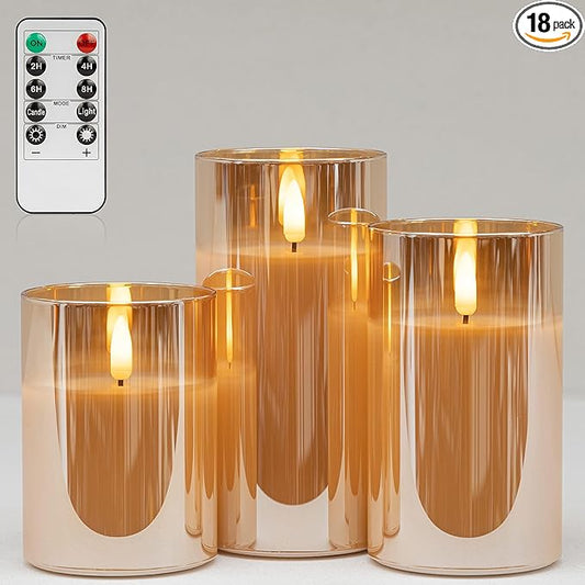 ANGELLOONG Gold Candles for Bathroom Decor, Glass Flameless Candles with Remote, Battery Operated LED Pillar Fake Candles ...
