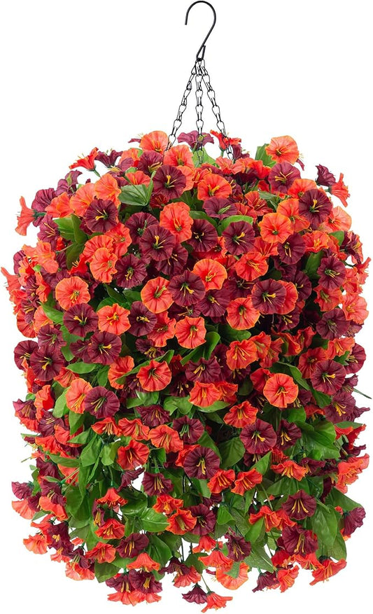 INXUGAO Artificial Flowers with Hanging Basket, Outdoor Faux Plants Silk Morning Glory Vines, Fake Green Arrangement for G...