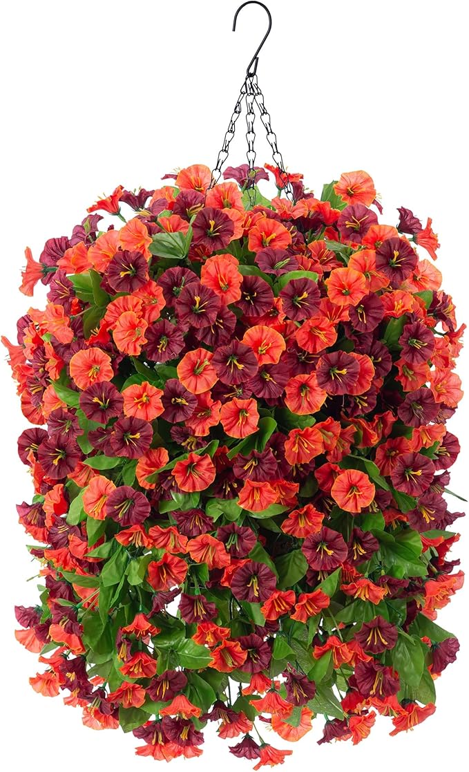 INXUGAO Artificial Flowers with Hanging Basket, Outdoor Faux Plants Silk Morning Glory Vines, Fake Green Arrangement for G...